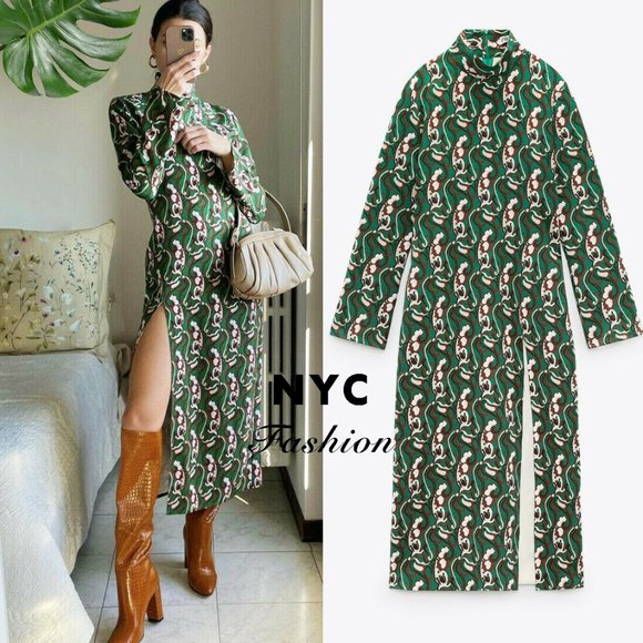 ZARA NWT Front Slit Printed Midi Dress Green - Picture 3 of 14